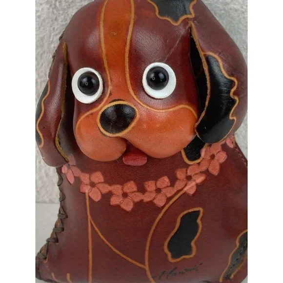 Dog Puppy Wristlet Purse Hawaiian Lei Zipper Brown Leather Small Child Travel - Picture 2 of 6